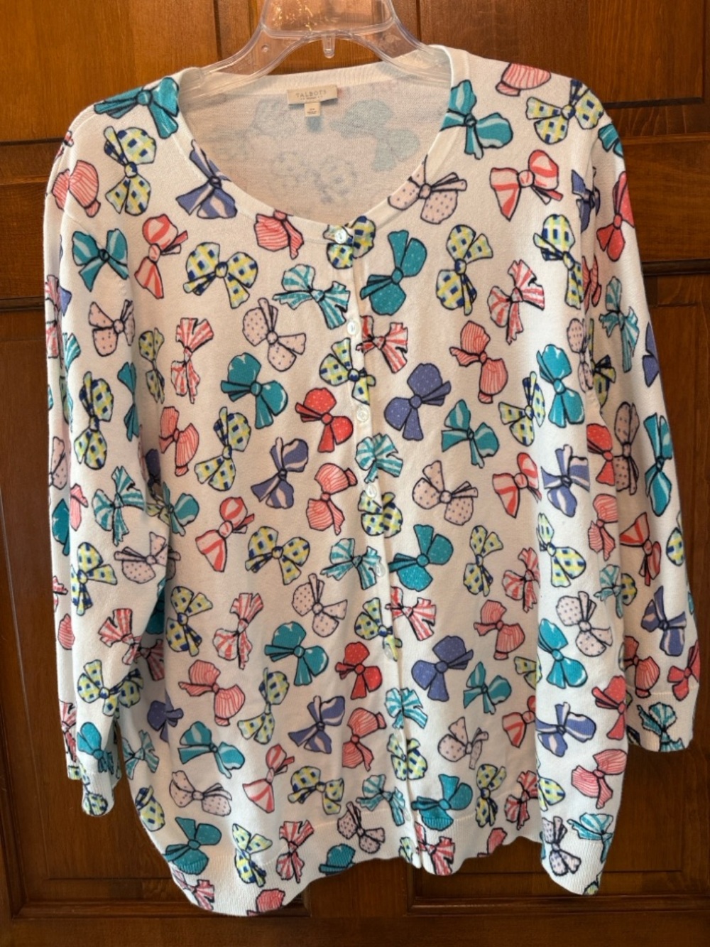 White Bow Print Button Cardigan in Teal, Coral, Navy